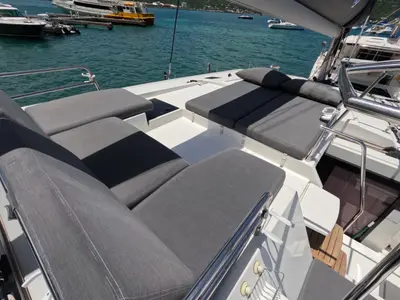 Deck of Champs-Elysees, a Fountaine Pajot Saona 47 catamaran at Road Town, British Virgin Islands