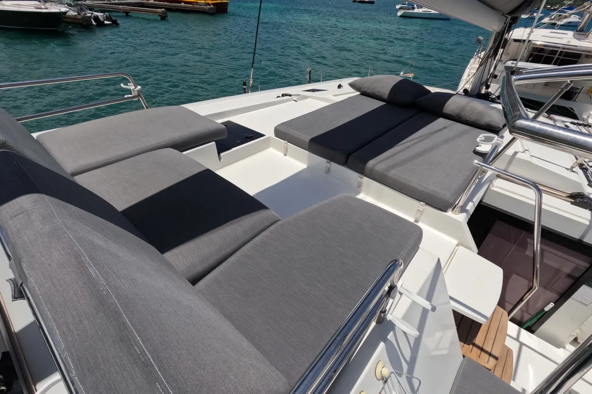 Deck of Champs-Elysees, a Fountaine Pajot Saona 47 catamaran at Road Town, British Virgin Islands