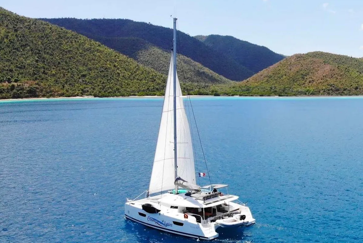Exterior view of Champs-Elysees, a Fountaine Pajot Saona 47 catamaran at Road Town, British Virgin Islands