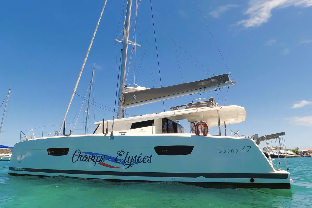 Exterior view of Champs-Elysees, a Fountaine Pajot Saona 47 catamaran at Road Town, British Virgin Islands