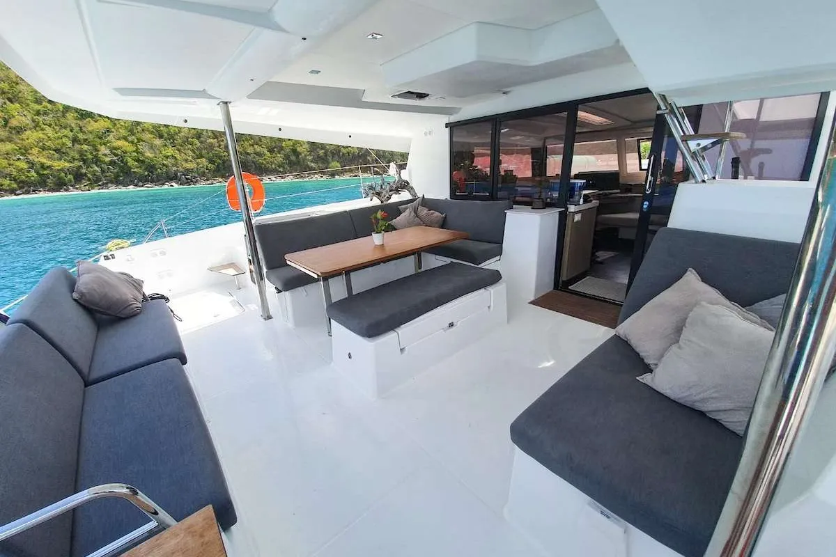 Deck of Champs-Elysees, a Fountaine Pajot Saona 47 catamaran at Road Town, British Virgin Islands