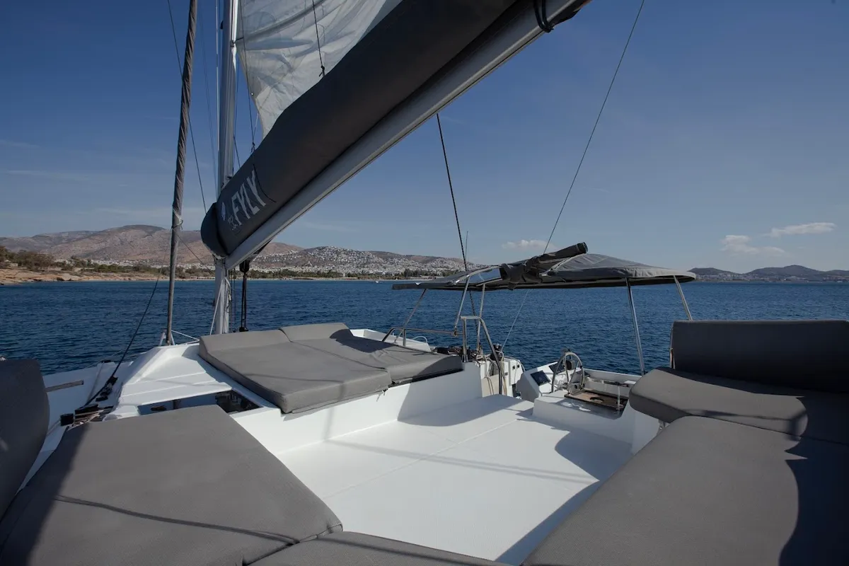 Deck of Olympus - Green Wave, a Fountaine Pajot Elba 45 catamaran at Athens, Greece