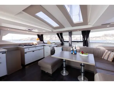 Salon of Olympus - Green Wave, a Fountaine Pajot Elba 45 catamaran at Athens, Greece