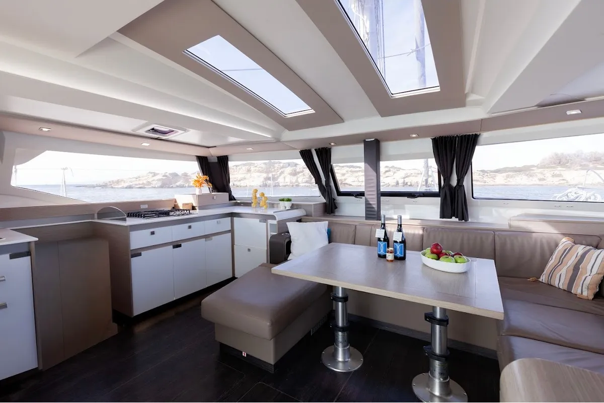 Salon of Olympus - Green Wave, a Fountaine Pajot Elba 45 catamaran at Athens, Greece