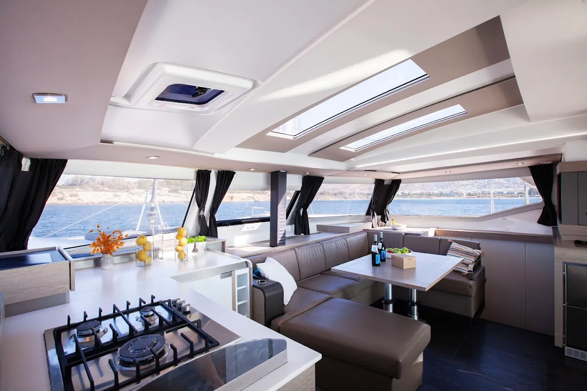 Salon of Olympus - Green Wave, a Fountaine Pajot Elba 45 catamaran at Athens, Greece