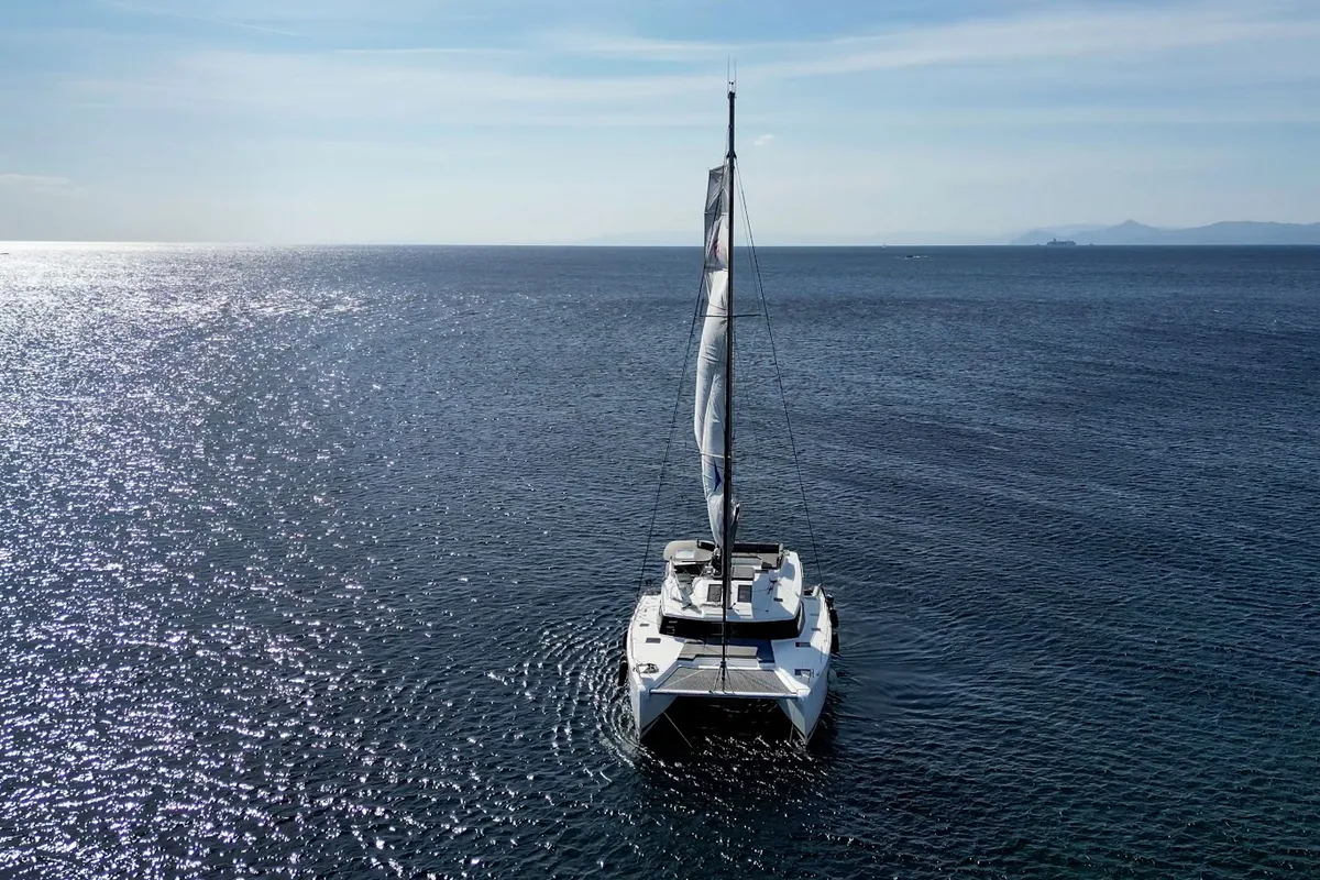 Exterior view of Olympus - Green Wave, a Fountaine Pajot Elba 45 catamaran at Athens, Greece