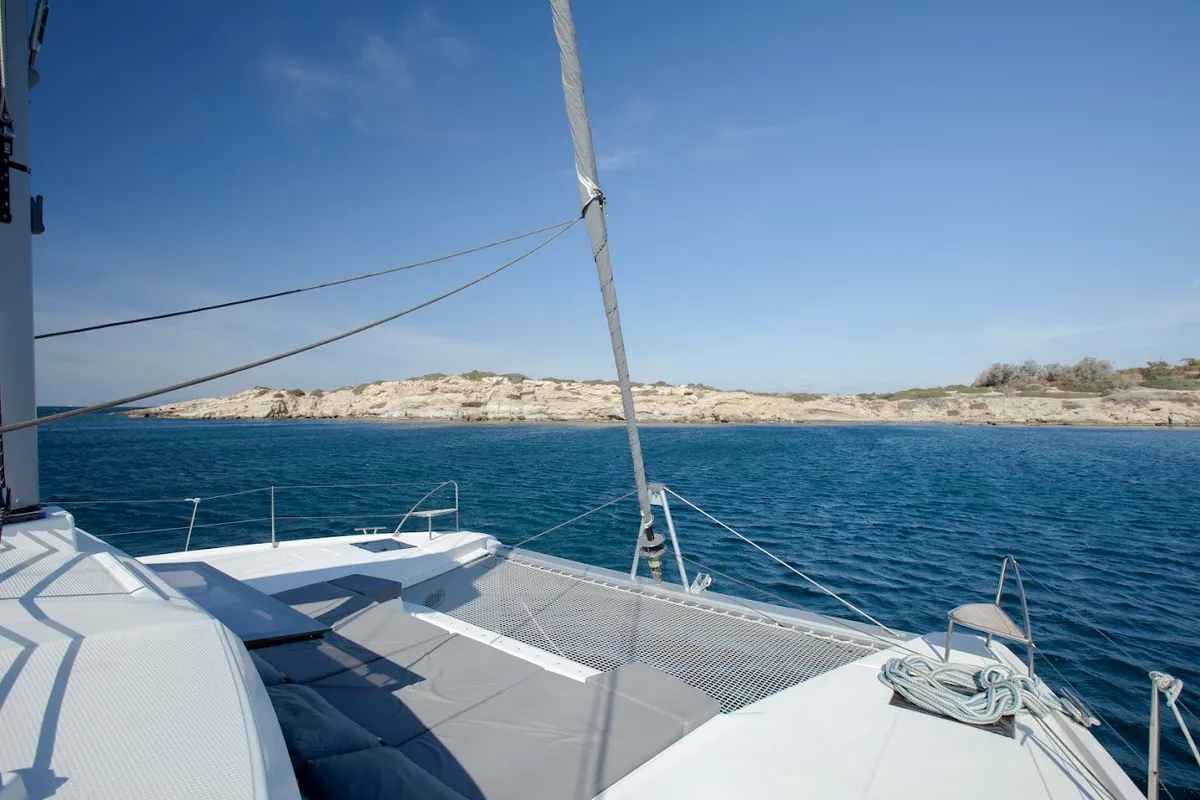 Deck of Olympus - Green Wave, a Fountaine Pajot Elba 45 catamaran at Athens, Greece