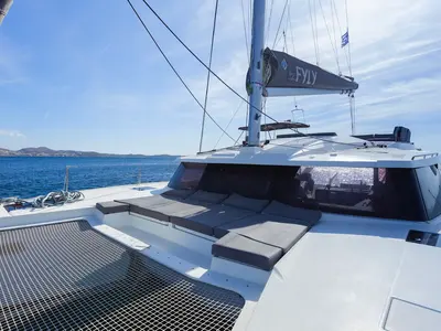 Deck of Olympus - Green Wave, a Fountaine Pajot Elba 45 catamaran at Athens, Greece