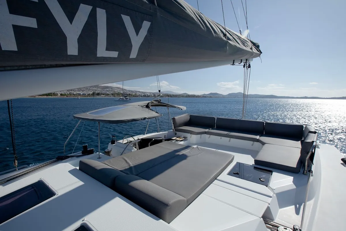 Deck of Olympus - Green Wave, a Fountaine Pajot Elba 45 catamaran at Athens, Greece