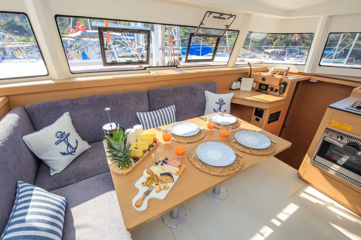 Salon of Lizzy, a Excess 11 - 4 + 1 + 1 cab. catamaran at Fethiye, Turkey