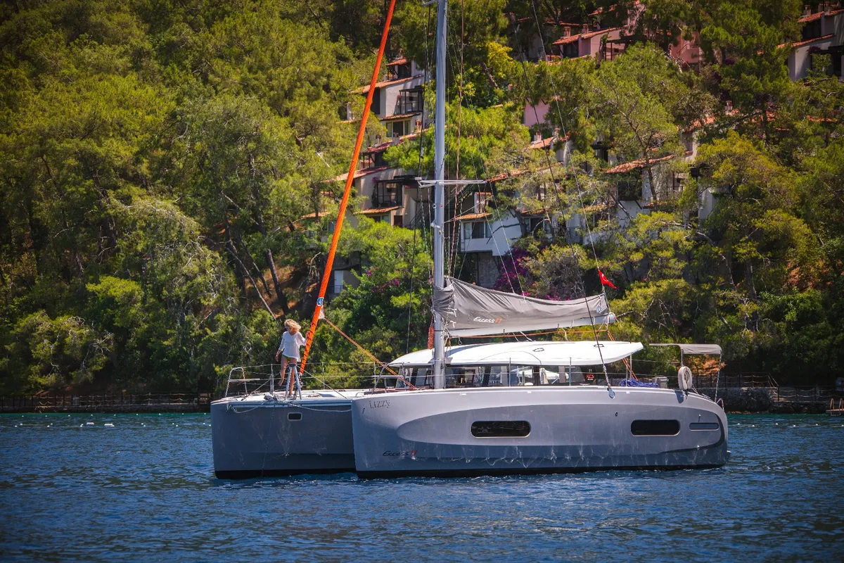 Exterior view of Lizzy, a Excess 11 - 4 + 1 + 1 cab. catamaran at Fethiye, Turkey
