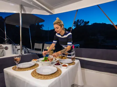 Deck of Lizzy, a Excess 11 - 4 + 1 + 1 cab. catamaran at Fethiye, Turkey