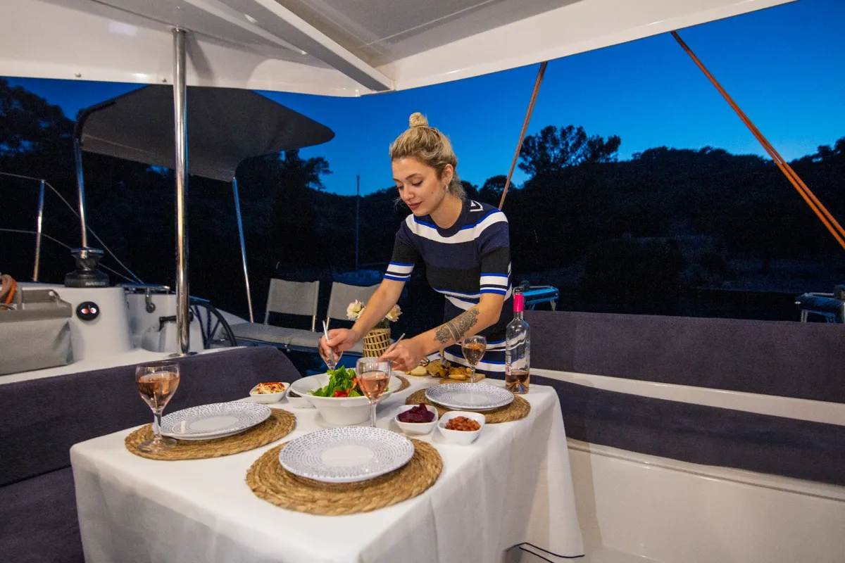 Deck of Lizzy, a Excess 11 - 4 + 1 + 1 cab. catamaran at Fethiye, Turkey