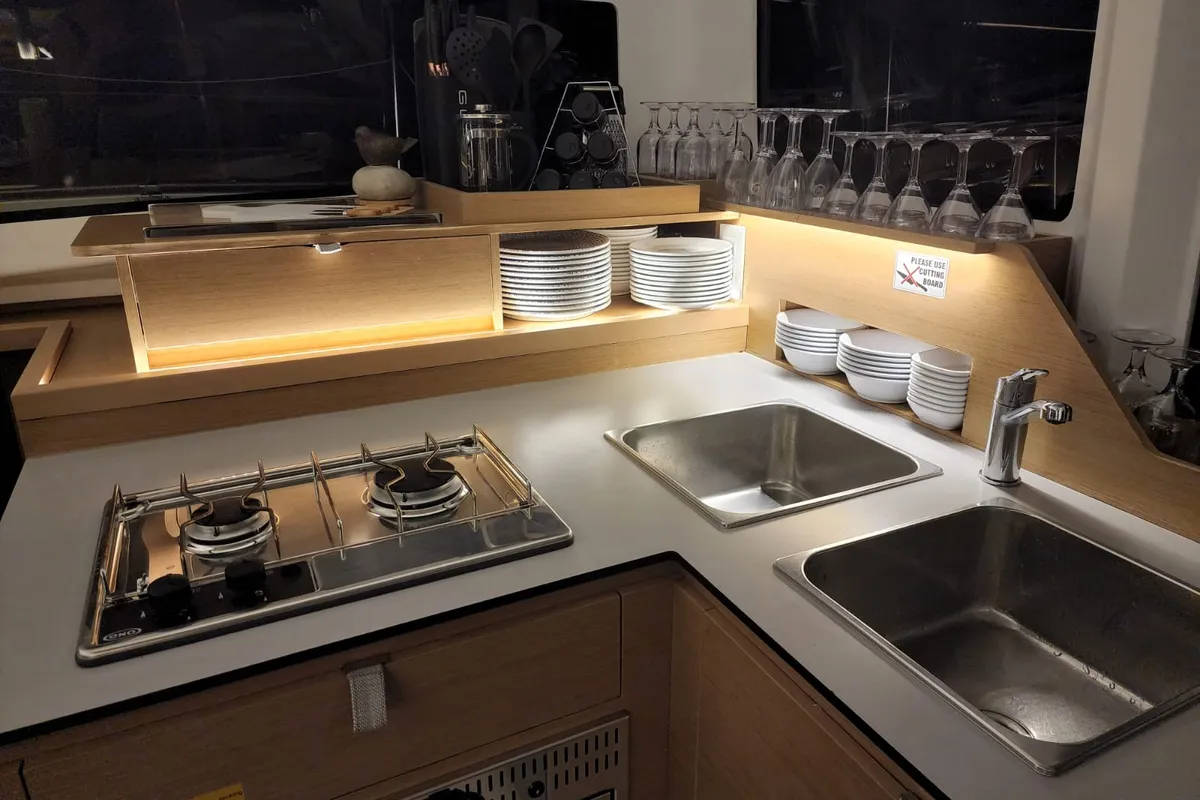 Galley of Lizzy, a Excess 11 - 4 + 1 + 1 cab. catamaran at Fethiye, Turkey