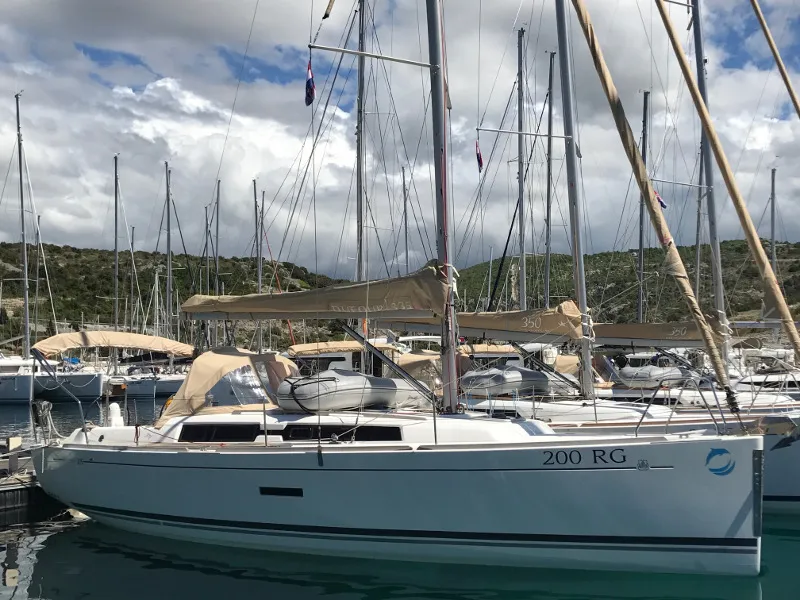 Exterior view of Pippi, a Dufour 335 Grand Large sailboat at Primošten, Croatia