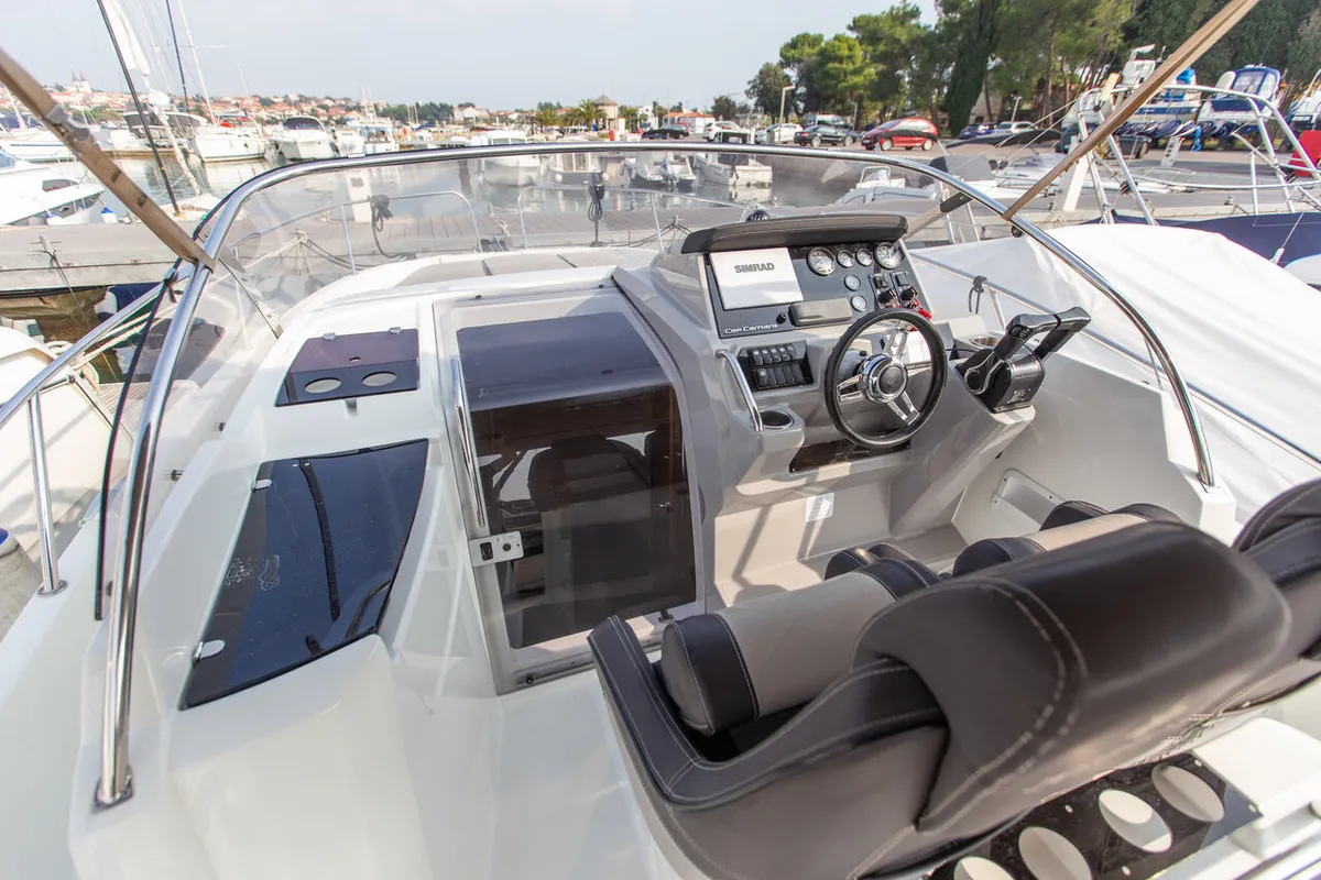 Cockpit of Cap Camarat 9,0 WA, a Jeanneau Cap Camarat 9.0 WA motorboat at Grad Pula, Croatia