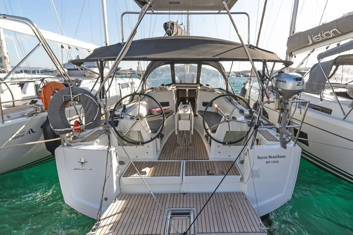 Deck of AGIOS NIKOLAOS, a Jeanneau Sun Odyssey 349 sailboat at Volos, Greece