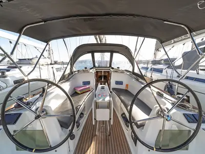 Cockpit of AGIOS NIKOLAOS, a Jeanneau Sun Odyssey 349 sailboat at Volos, Greece