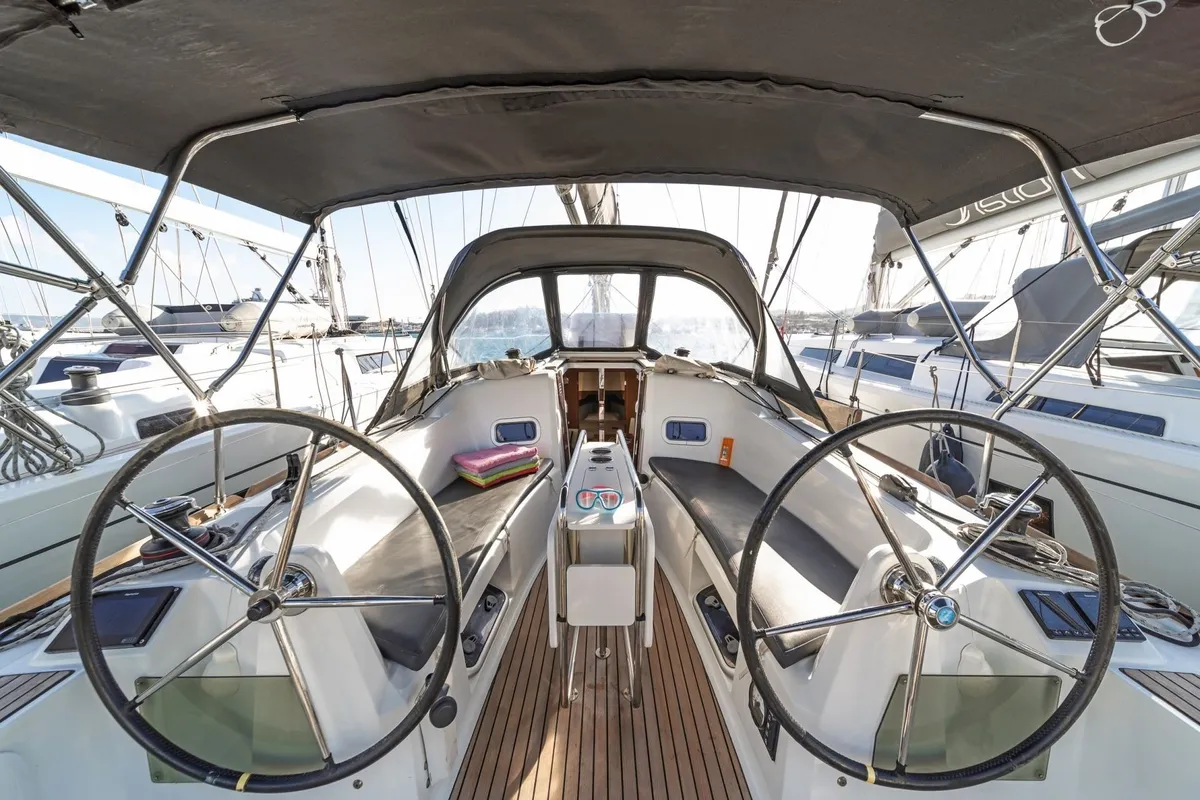 Cockpit of AGIOS NIKOLAOS, a Jeanneau Sun Odyssey 349 sailboat at Volos, Greece