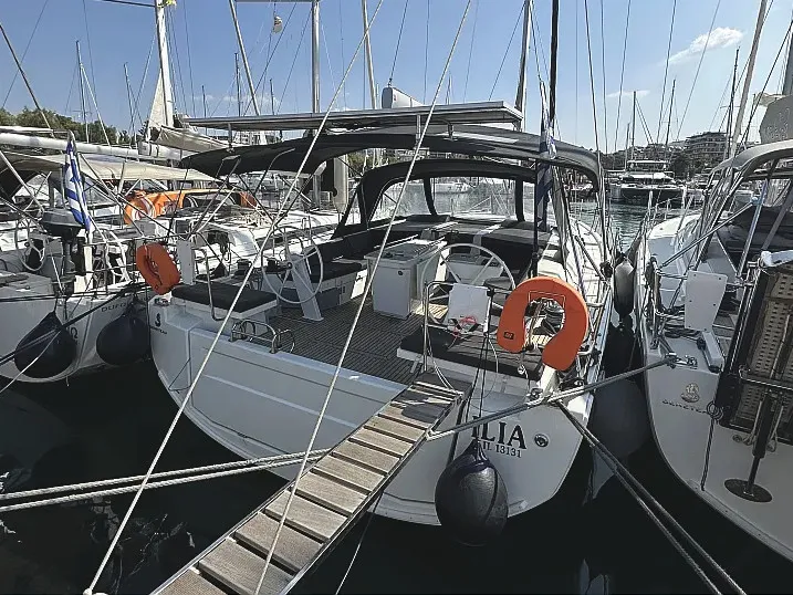 Exterior view of ILIA, a Beneteau Oceanis 46.1 sailboat at Athens, Greece