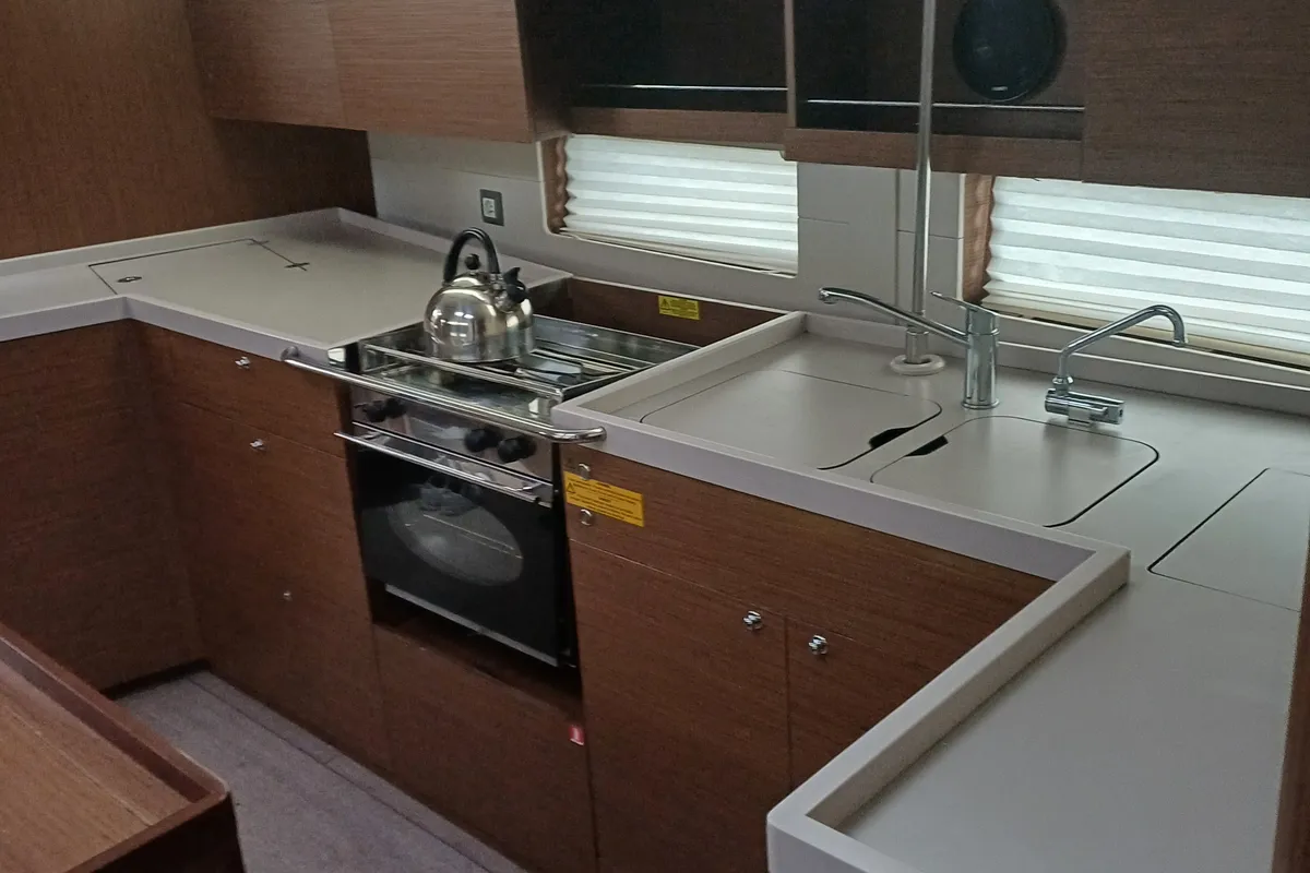 Galley of ILIA, a Beneteau Oceanis 46.1 sailboat at Athens, Greece