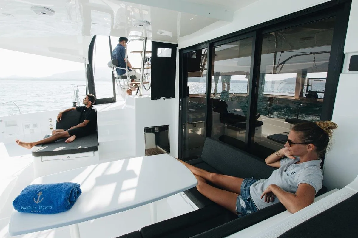 Exterior view of Mami, a Lagoon 42 catamaran at Mai Khao, Thailand