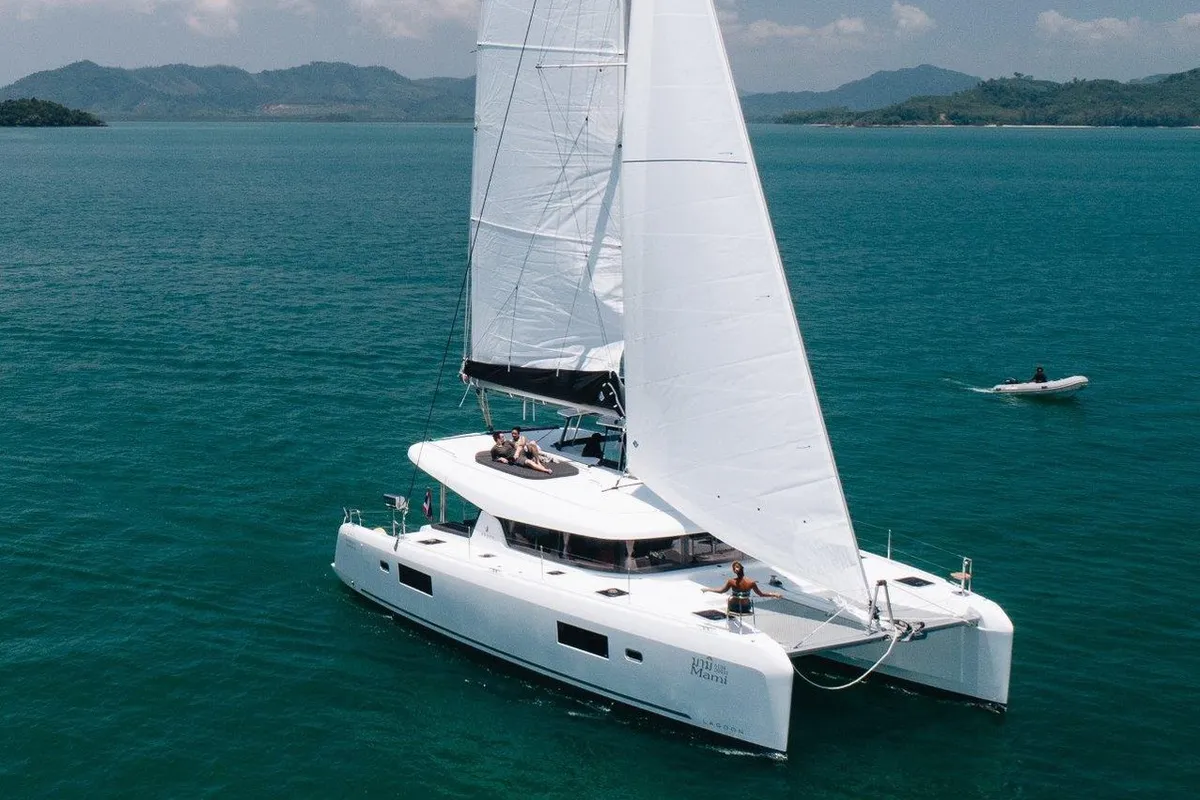 Exterior view of Mami, a Lagoon 42 catamaran at Mai Khao, Thailand