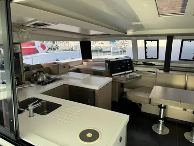 Deck of ROXY II, a Fountaine Pajot Astréa 42 catamaran at Alameda, United States