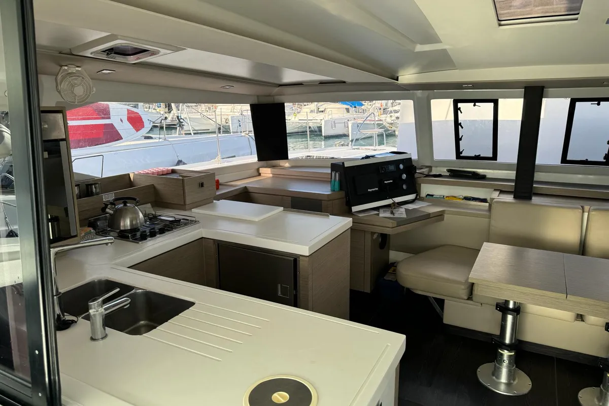 Deck of ROXY II, a Fountaine Pajot Astréa 42 catamaran at Alameda, United States