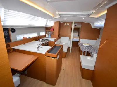 Salon of Sky Asya, a Jeanneau Sun Odyssey 410 sailboat at Marmaris, Turkey