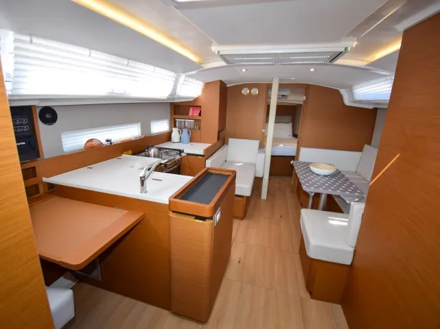 Salon of Sky Asya, a Jeanneau Sun Odyssey 410 sailboat at Marmaris, Turkey