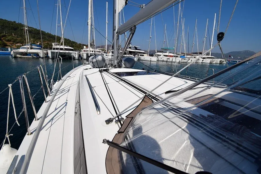 Deck of Sky Asya, a Jeanneau Sun Odyssey 410 sailboat at Marmaris, Turkey