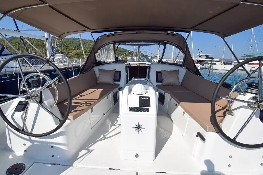 Cockpit of Sky Asya, a Jeanneau Sun Odyssey 410 sailboat at Marmaris, Turkey