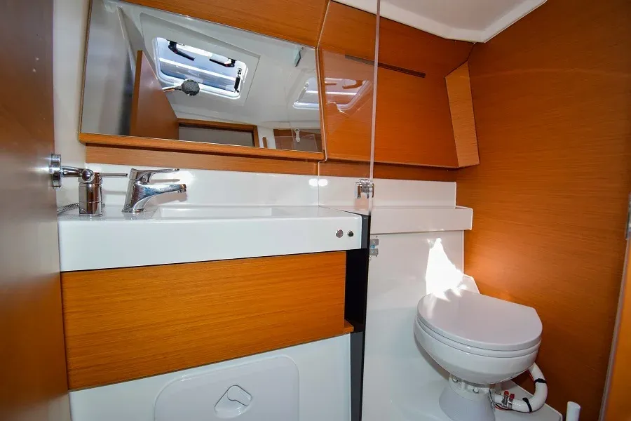 Head on Sky Asya, a Jeanneau Sun Odyssey 410 sailboat at Marmaris, Turkey