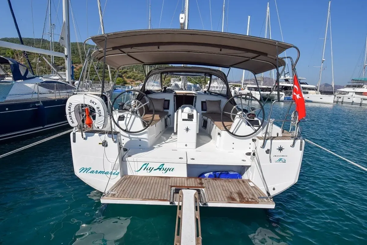 Exterior view of Sky Asya, a Jeanneau Sun Odyssey 410 sailboat at Marmaris, Turkey