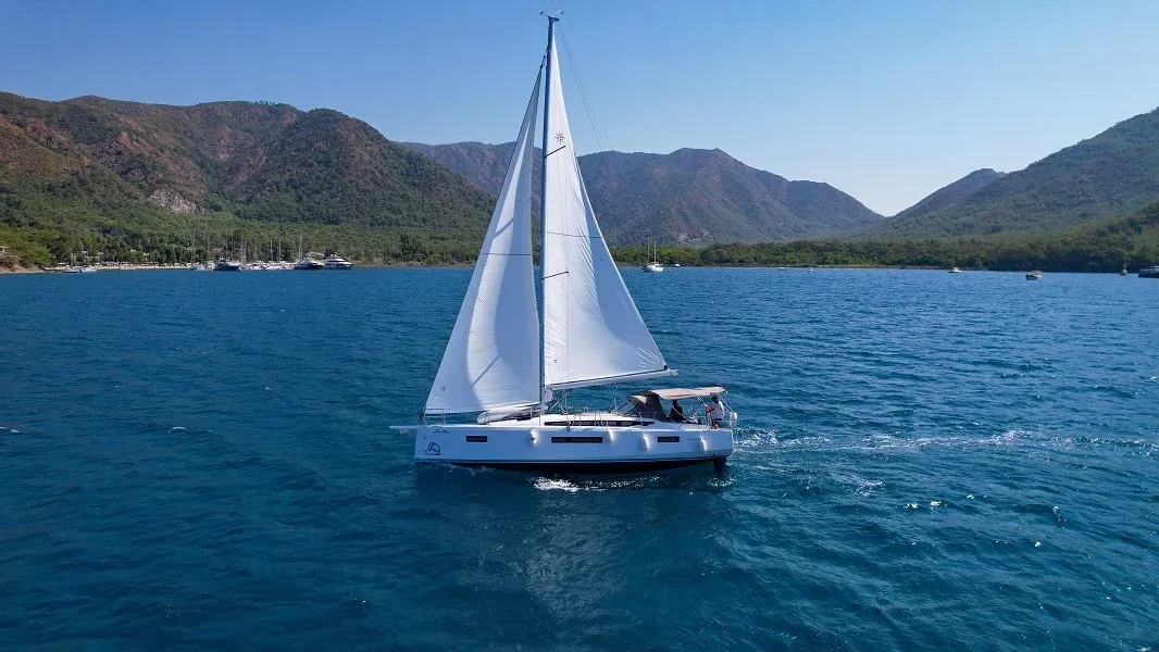 Exterior view of Sky Asya, a Jeanneau Sun Odyssey 410 sailboat at Marmaris, Turkey