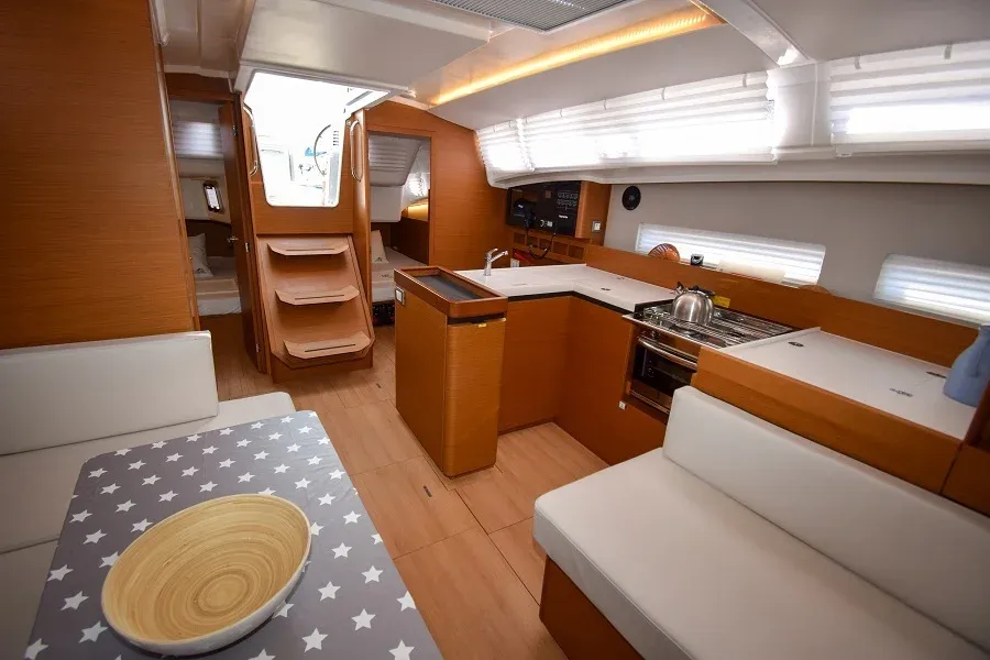 Salon of Sky Asya, a Jeanneau Sun Odyssey 410 sailboat at Marmaris, Turkey