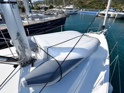 Deck of Sky Asya, a Jeanneau Sun Odyssey 410 sailboat at Marmaris, Turkey