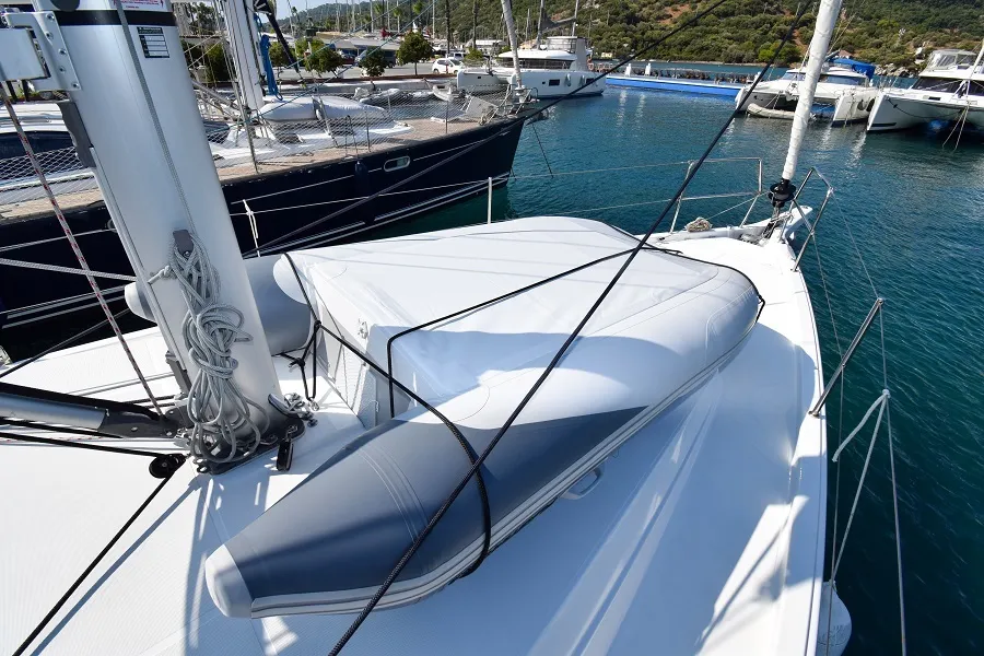 Deck of Sky Asya, a Jeanneau Sun Odyssey 410 sailboat at Marmaris, Turkey