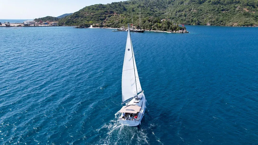 Exterior view of Sky Asya, a Jeanneau Sun Odyssey 410 sailboat at Marmaris, Turkey