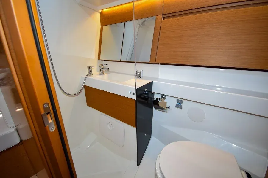 Head on Sky Asya, a Jeanneau Sun Odyssey 410 sailboat at Marmaris, Turkey