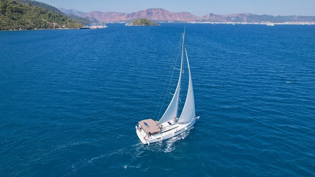 Exterior view of Sky Asya, a Jeanneau Sun Odyssey 410 sailboat at Marmaris, Turkey