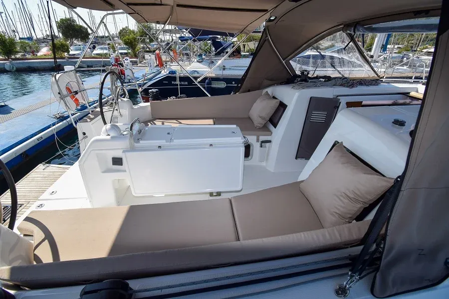 Cockpit of Sky Asya, a Jeanneau Sun Odyssey 410 sailboat at Marmaris, Turkey