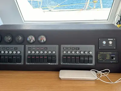 Cockpit of Amuni', a Gulet C-CAT 37 catamaran at Capo d'Orlando, Italy