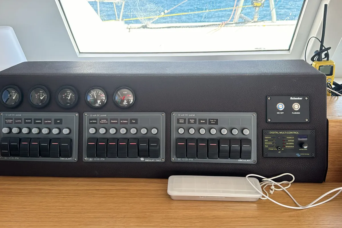Cockpit of Amuni', a Gulet C-CAT 37 catamaran at Capo d'Orlando, Italy
