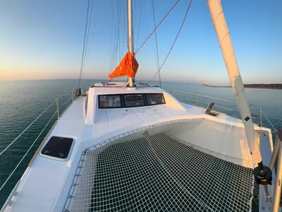 Deck of Amuni', a Gulet C-CAT 37 catamaran at Capo d'Orlando, Italy