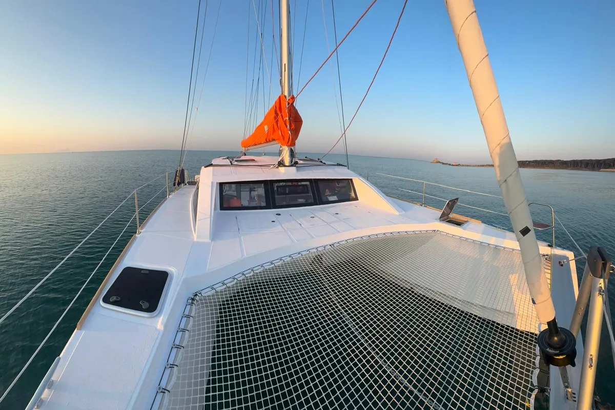 Deck of Amuni', a Gulet C-CAT 37 catamaran at Capo d'Orlando, Italy