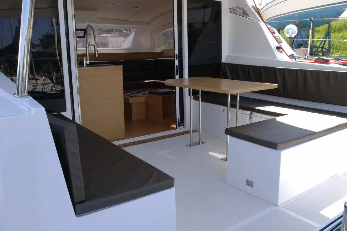 Deck of Amuni', a Gulet C-CAT 37 catamaran at Capo d'Orlando, Italy