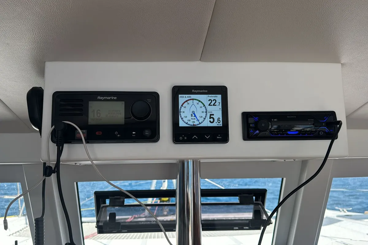 Cockpit of Amuni', a Gulet C-CAT 37 catamaran at Capo d'Orlando, Italy