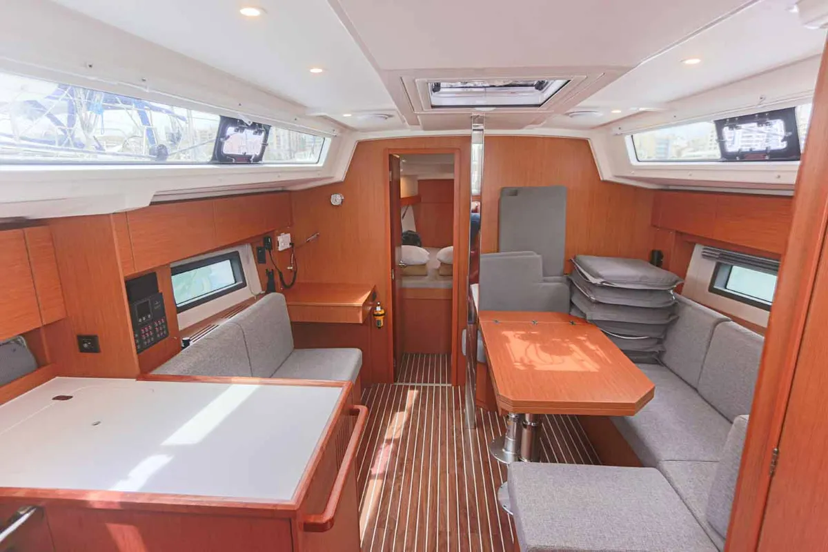 Salon of Cloud Rider, a Bavaria C38 sailboat at Municipal Unit of Lefkada, Greece